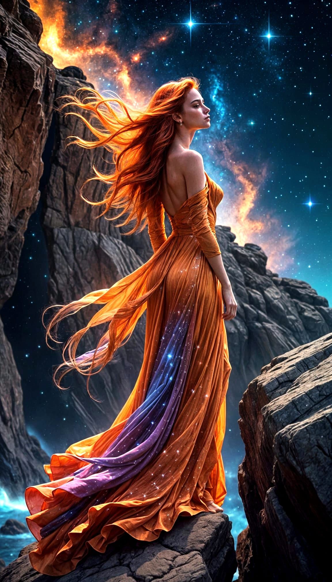 Woman standing on rocky cliff  under starry night sky, her g...