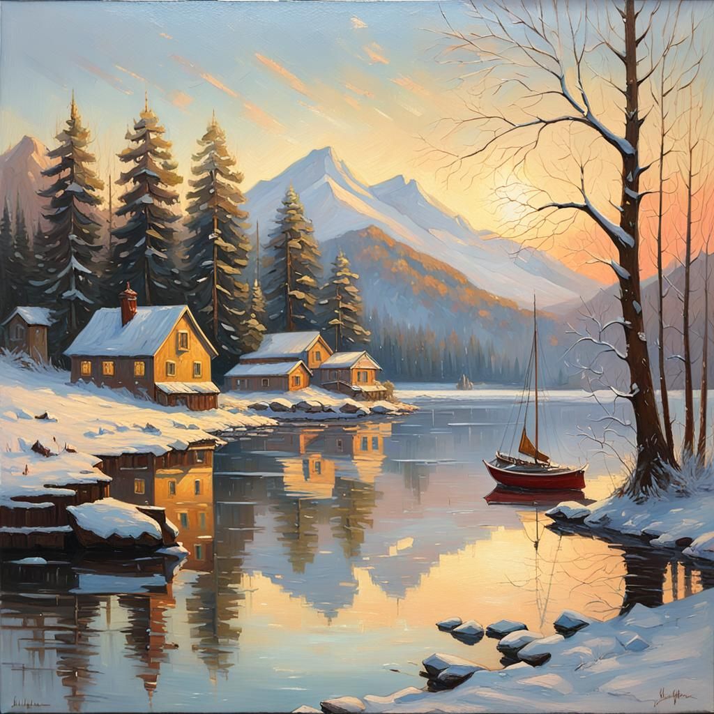 Lake Reflects Snowy Sunset: James Gurney Oil Painting