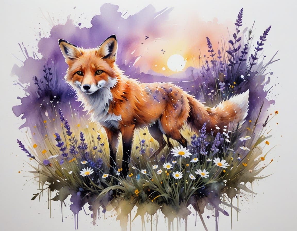 Curious Fox in a Twilight Meadow of Shimmering Flowers