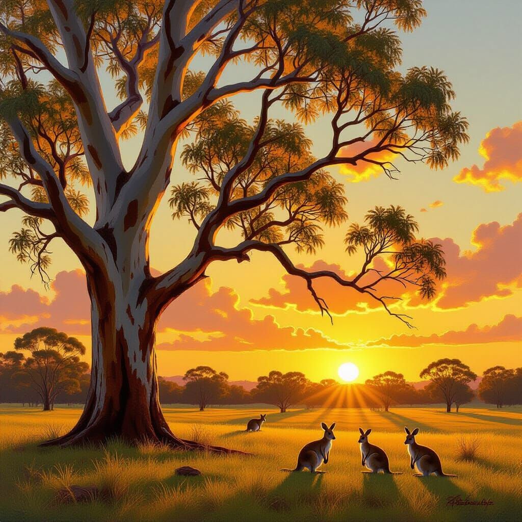 Luminescent Red Gum Tree at Golden Hour Oil Painting