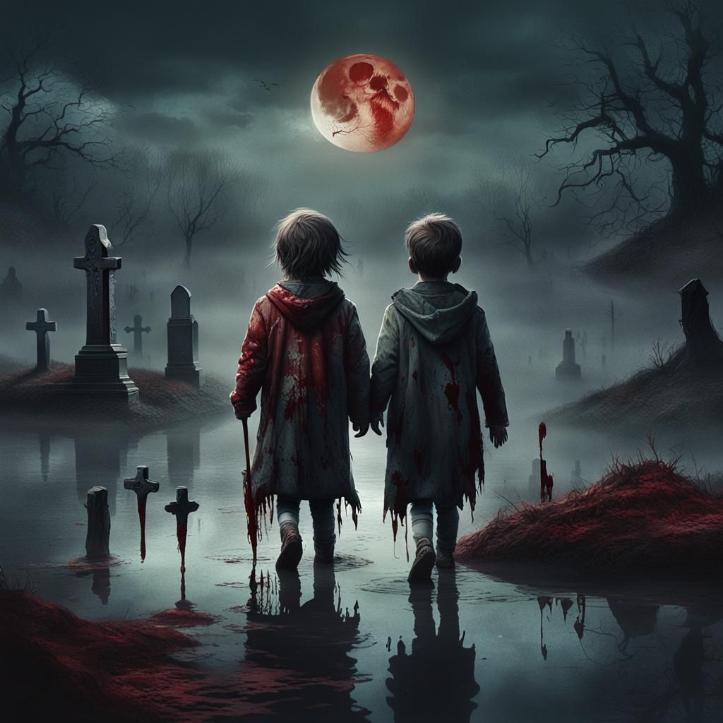 Scared Children in Murky Lake at Night