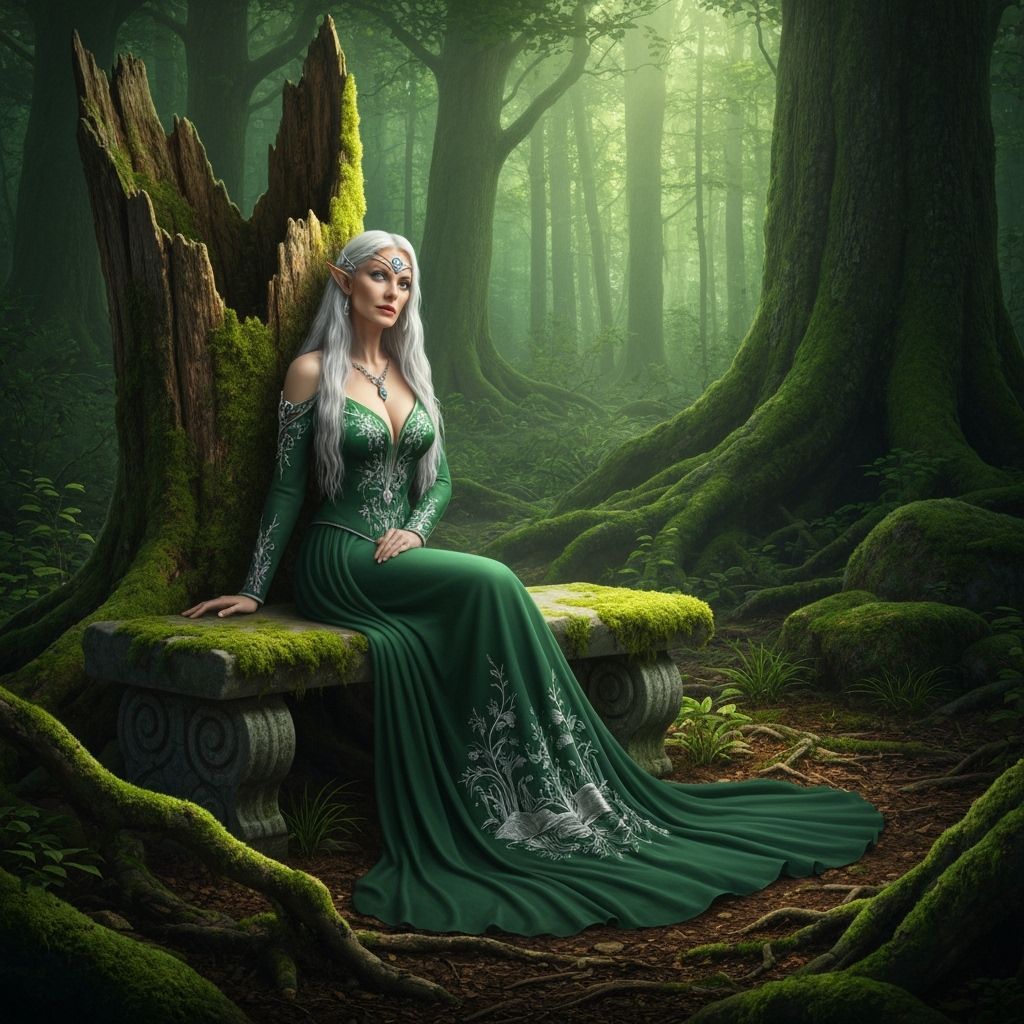 Elegant Elven Queen in Forest Setting with Silver Embroidery