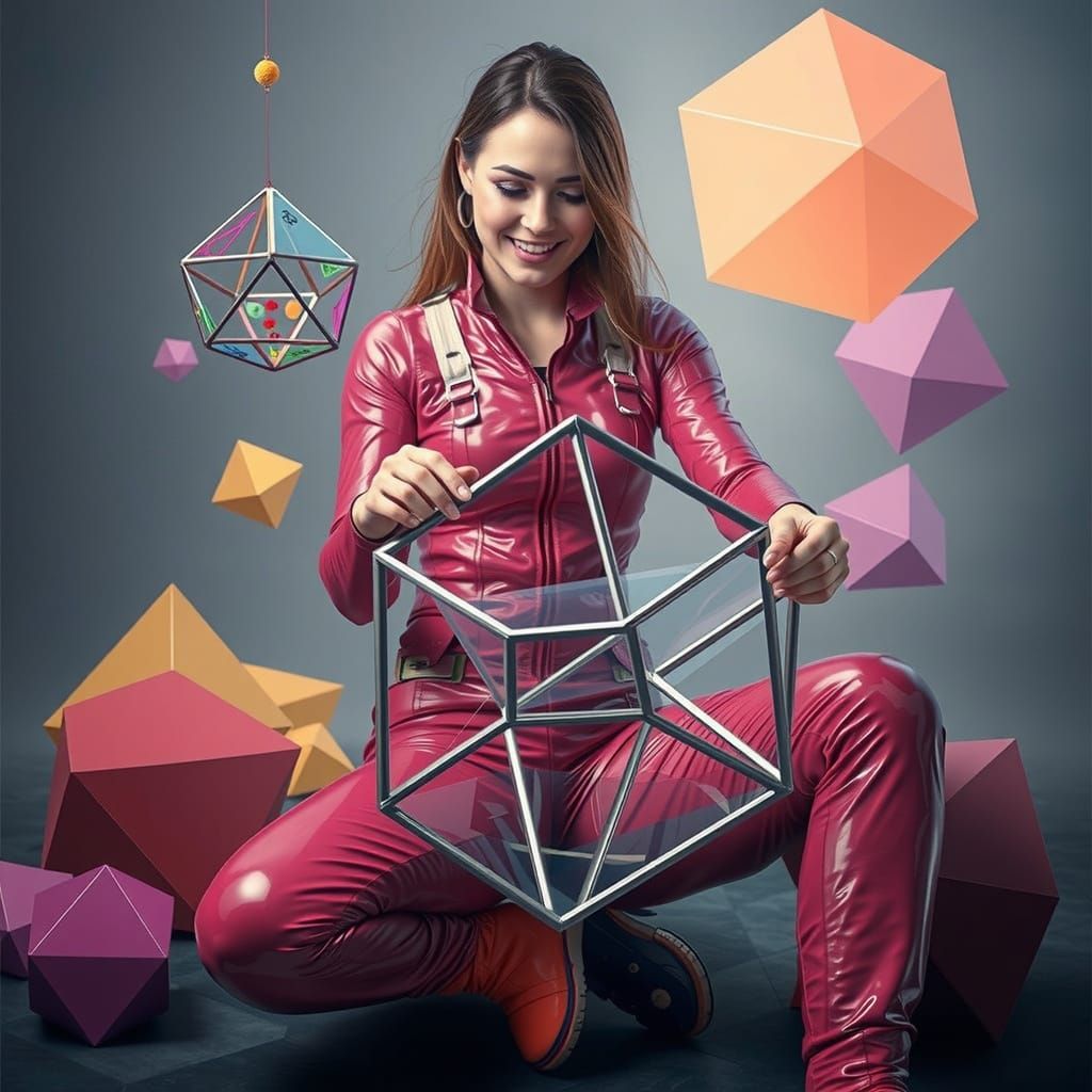 Hyperrealistic Woman Builds Dodecahedron in Silver Latex