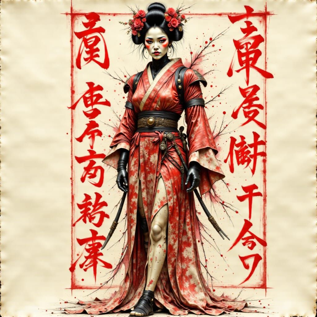 Cyberpunk Geisha in Red Kimono, Neo-Japonisme Style