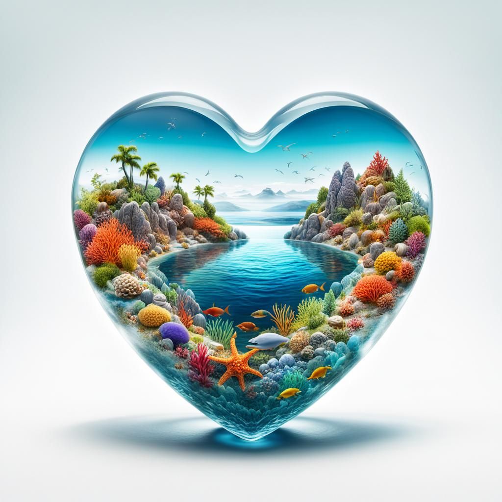 Surreal Marine Life Heart in Glass