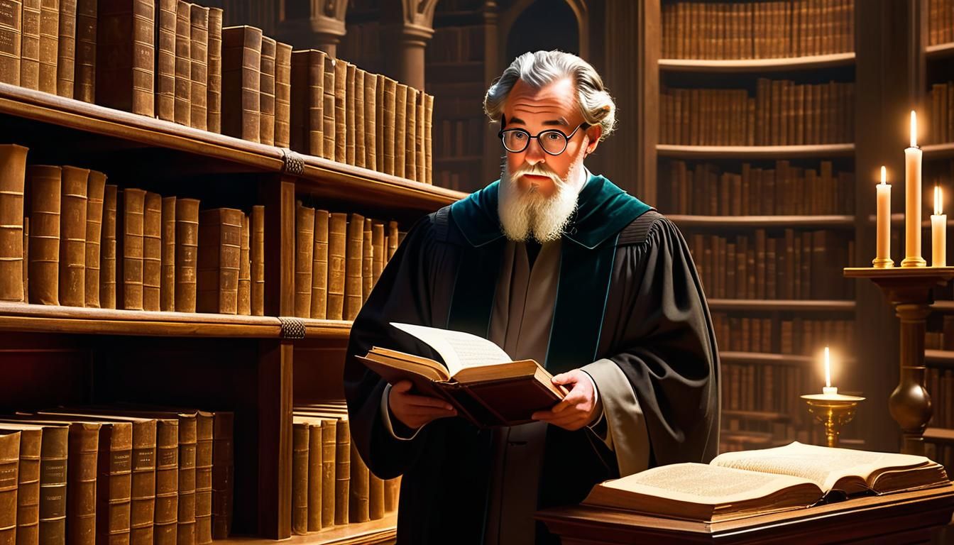 Scholar Lecturing Students in Mystical Library