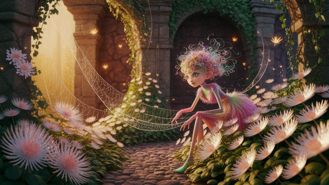Ethereal Garden of Spiderweb Flowers with Whimsical Spider G...
