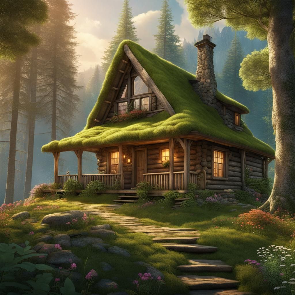 Cozy Mossy Cabin in Lush Forest: Matte Painting