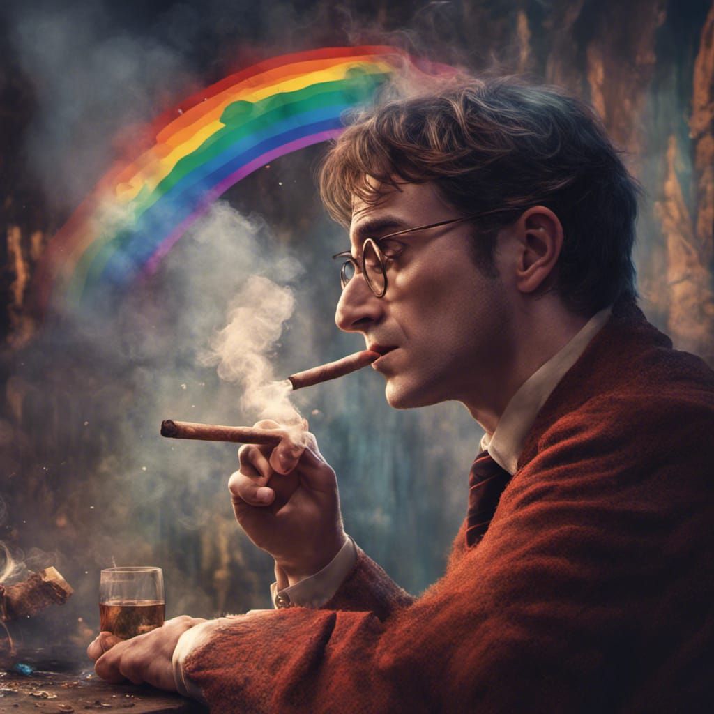 Stressed Harry Potter Smoking a Rainbow Cigar