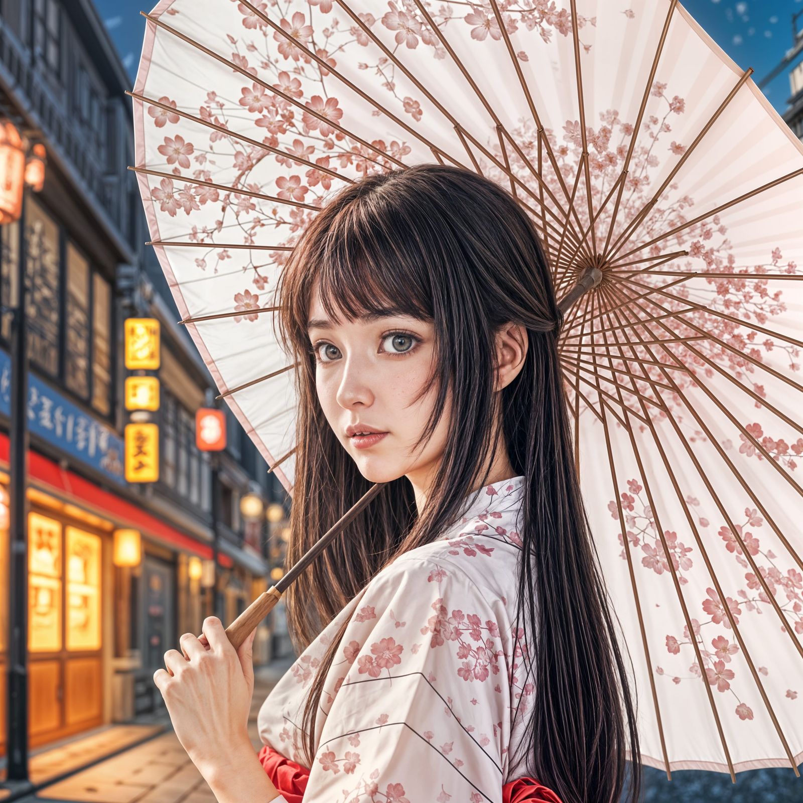 Enigmatic Asian Woman Under Sakura Umbrella in Modern Japane...