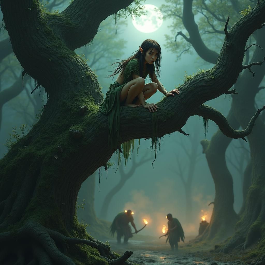 Elf Hiding From Orcs in Moonlit Forest