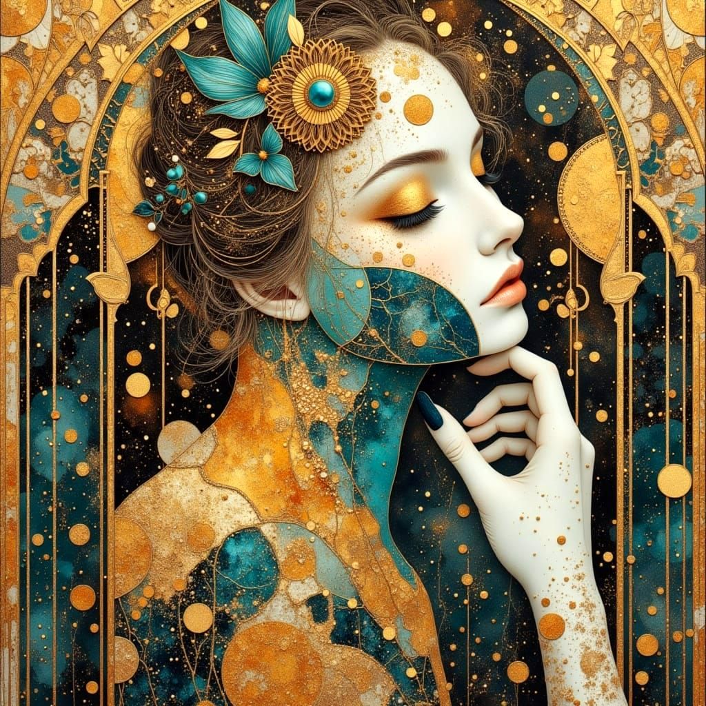 Klimt Woman with Art Deco Mansion: Surreal Collage