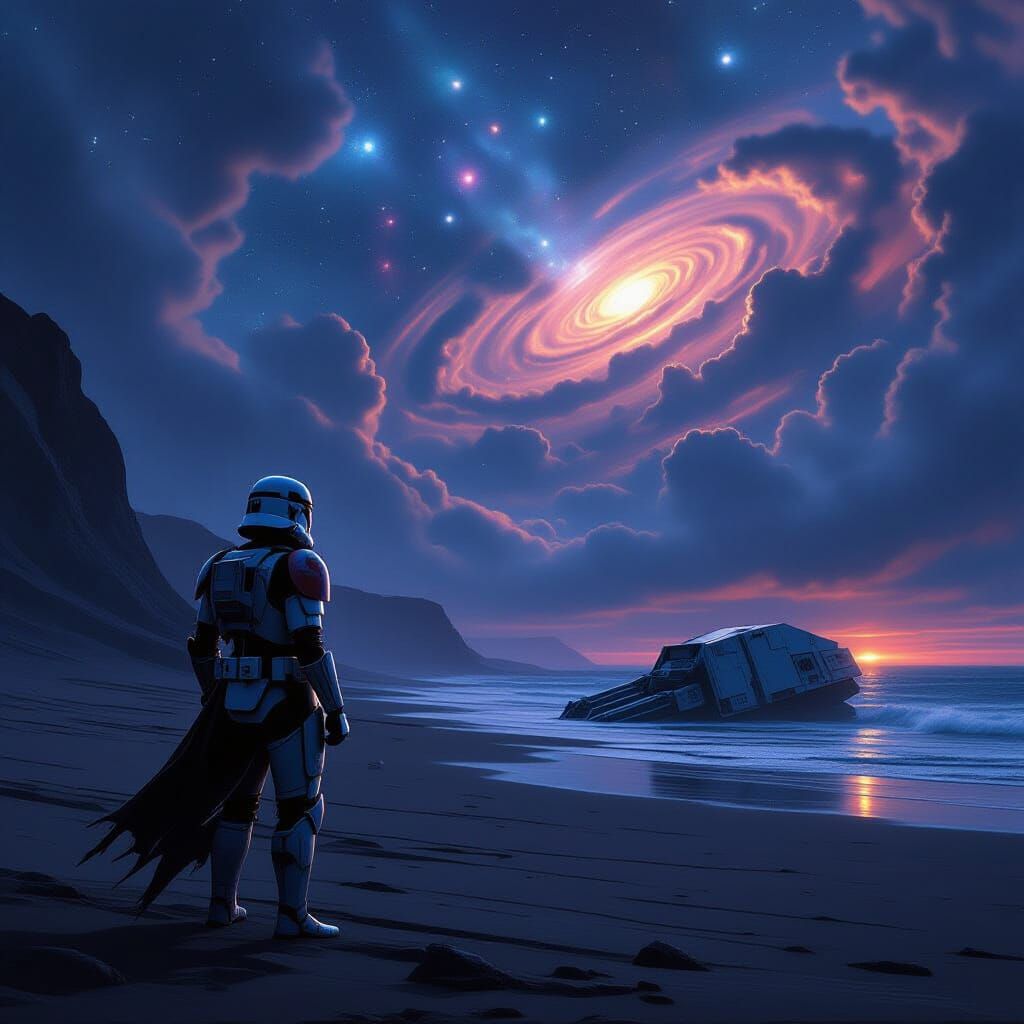 Clone Trooper on Alien Beach with Nebula Sky