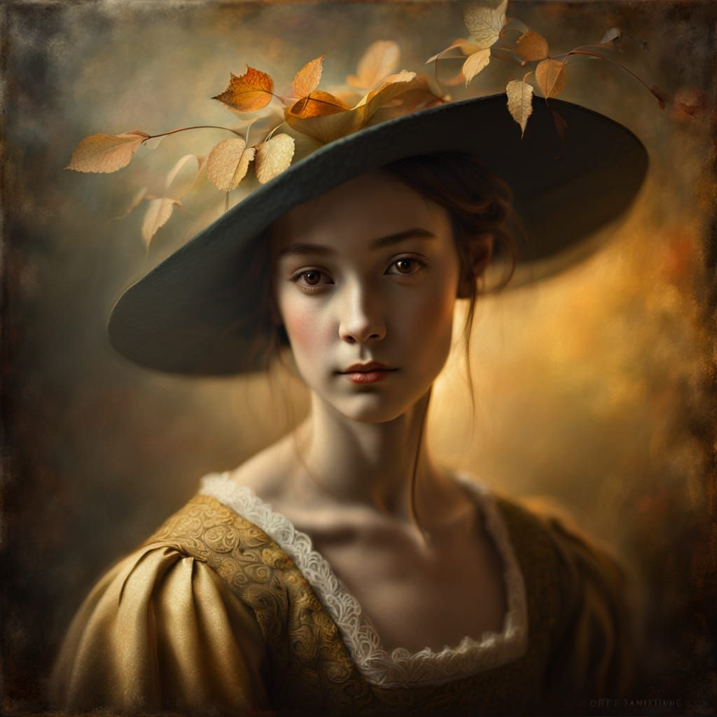 Girl in Elegant Autumn Portrait, in the Style of Dutch Maste...