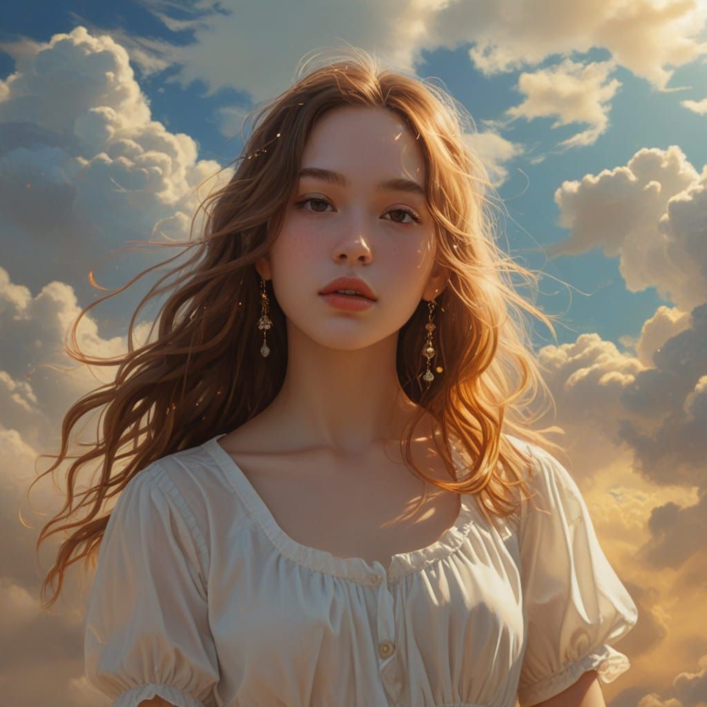 Ebony Girl Basks in Heavenly Sunshine Among Clouds