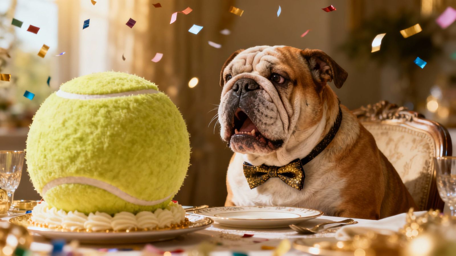 Shocked Bulldog's Tennis Ball Cake Surprise in Photorealisti...