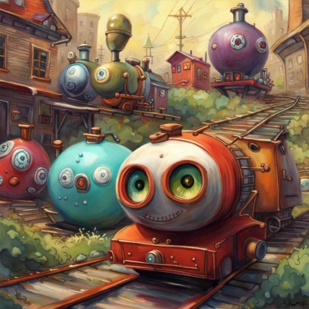 Eyeball Steam Train: Vibrant 3D Surrealism