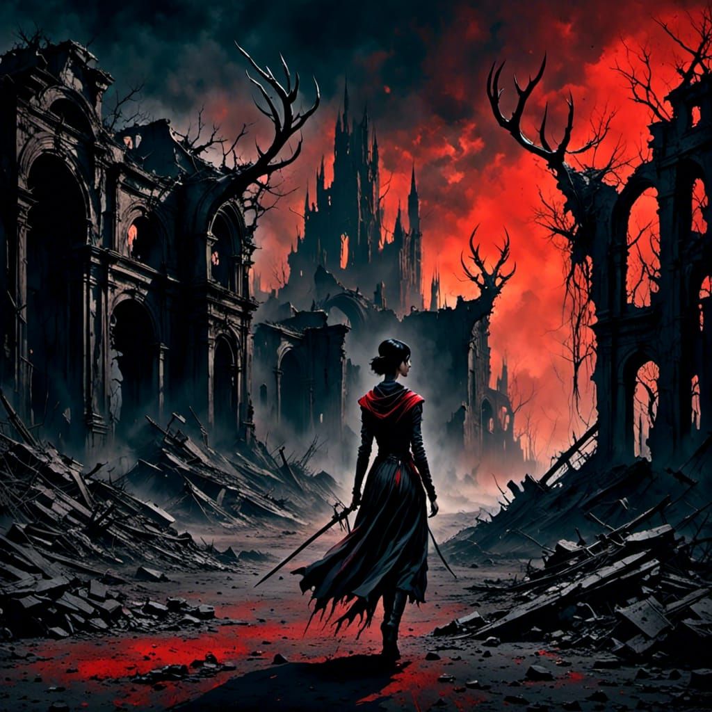 Dark Fantasy Woman in Post-Apocalyptic Wasteland