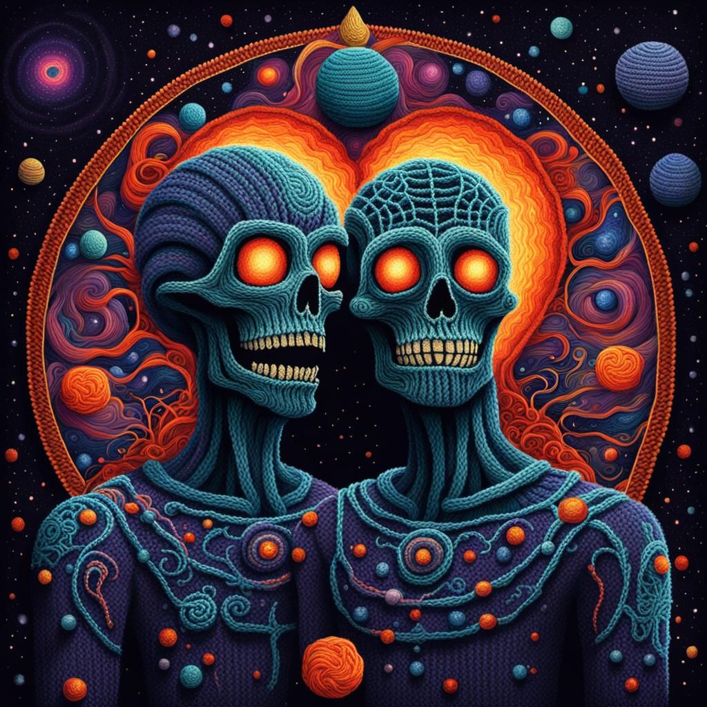 Cosmic Lovers in DMT Knitted Horror Style