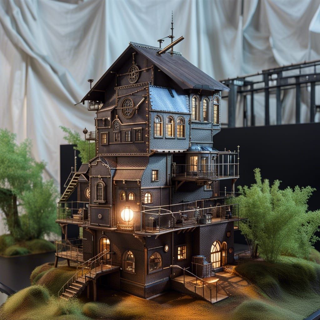 Serene Steampunk Factory at Night: Digital Model
