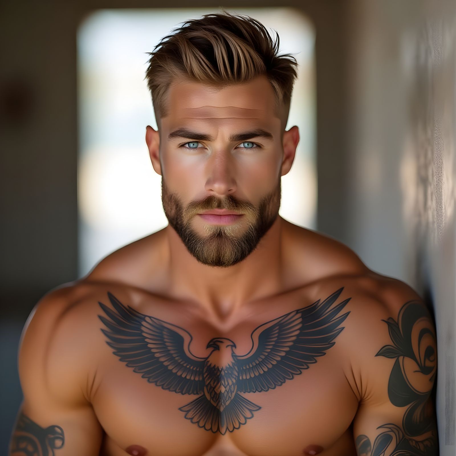 Muscular Man Portrait with Eagle Tattoo