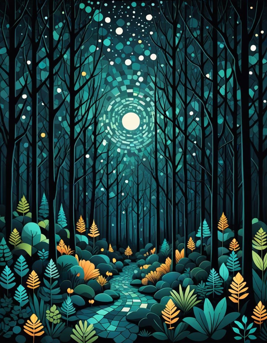 Geometric Abstract Night Forest Illustration