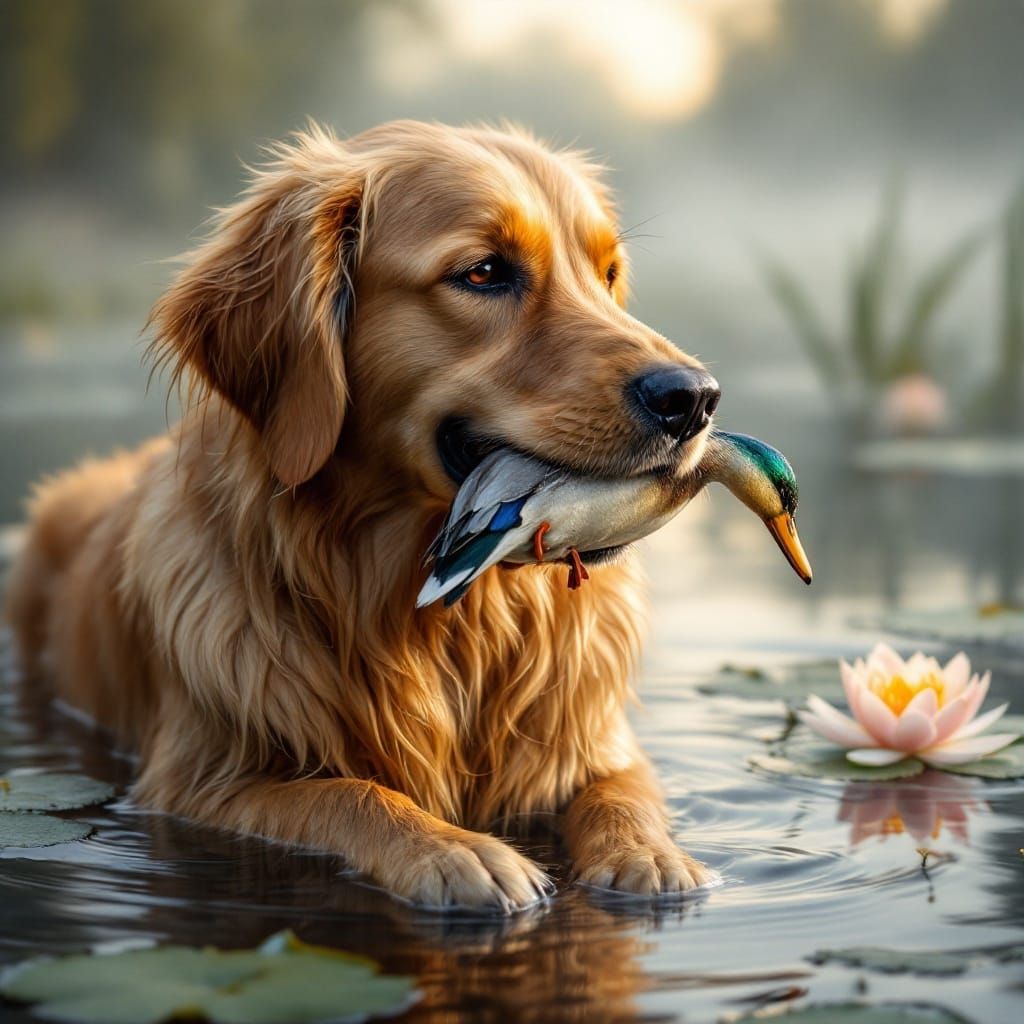 Golden Retriever Holds Duck in Photorealistic Portrait