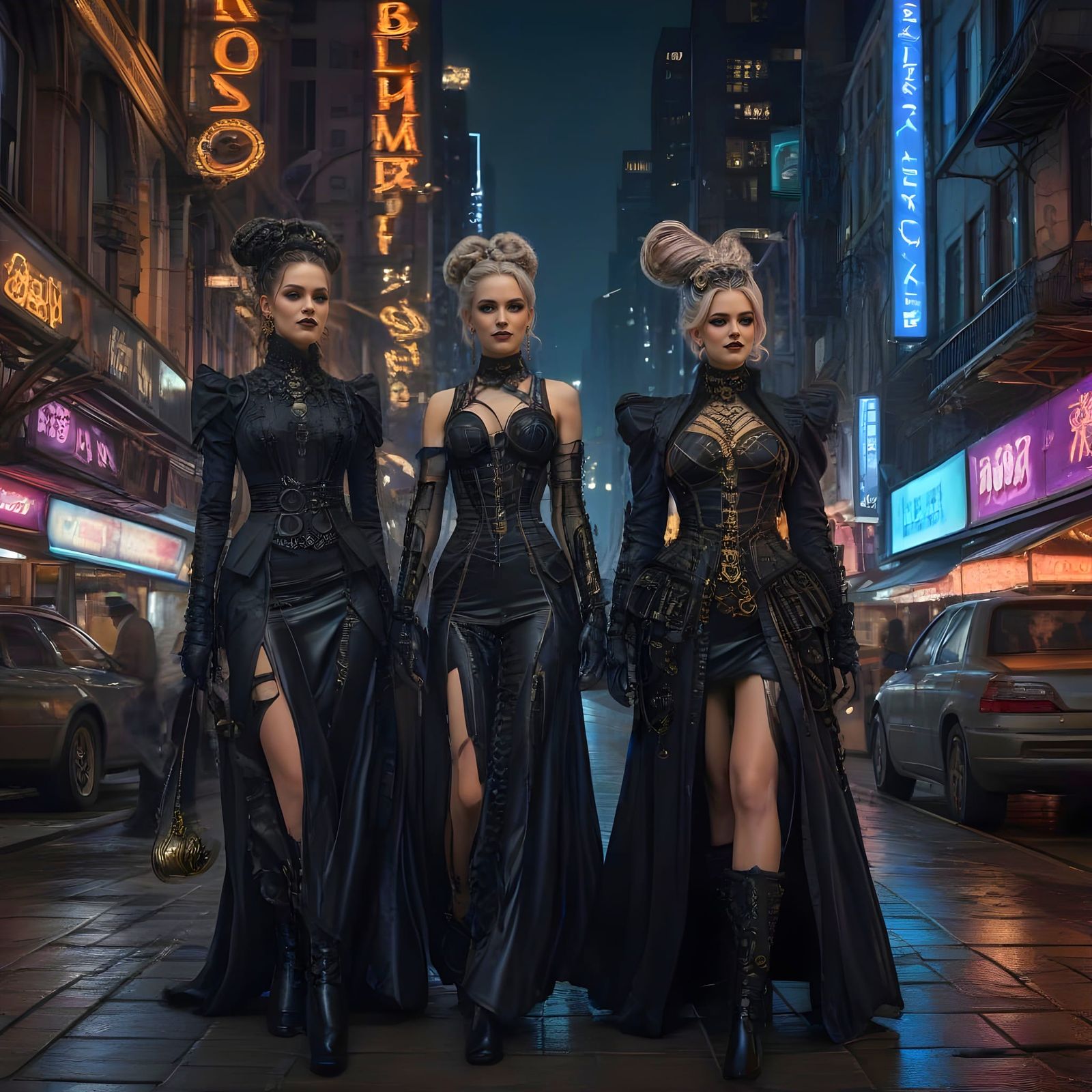 Glamorous Cyberpunk Ladies Stroll Through Steampunk City
