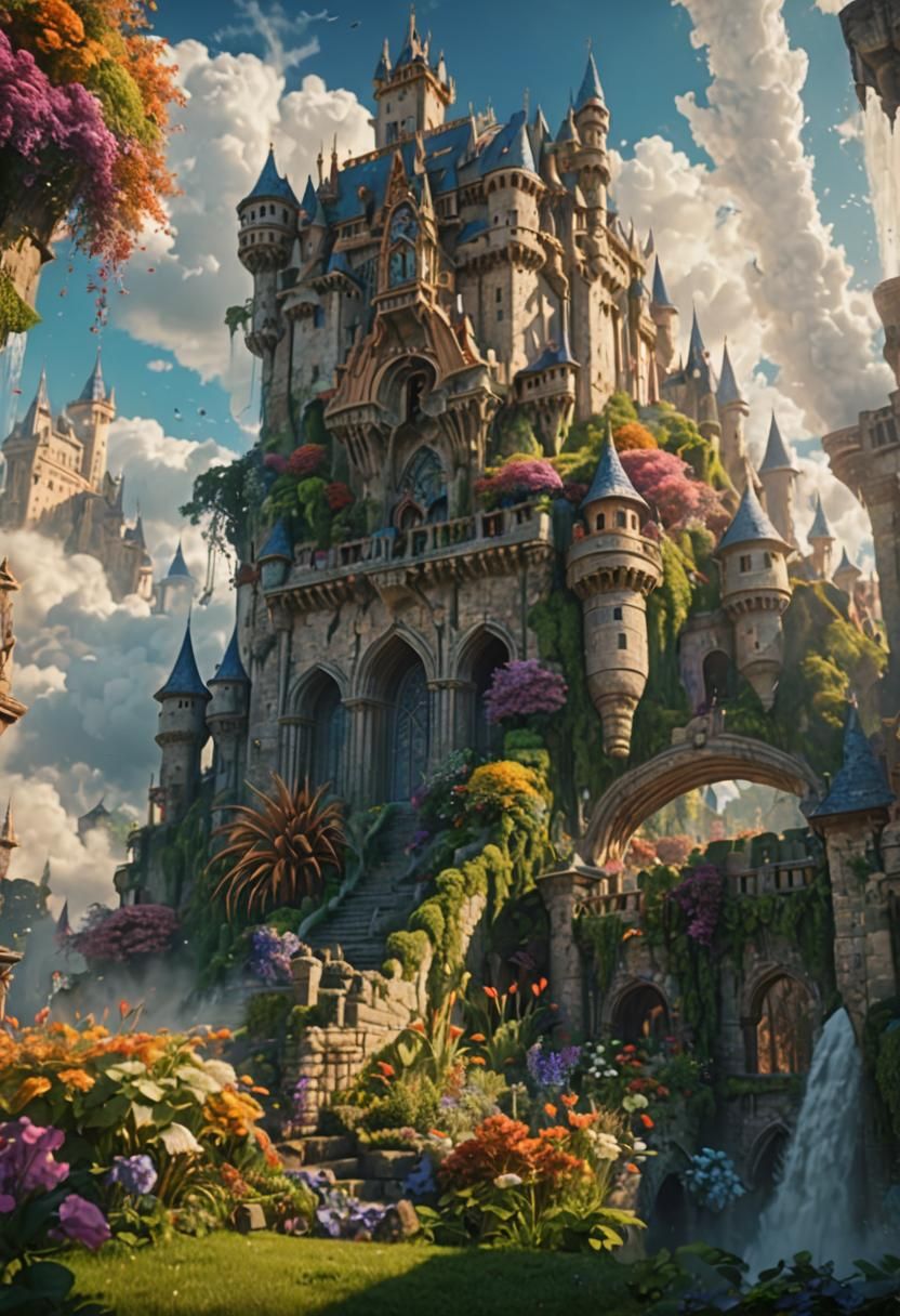 Majestic Castle Floating in Clouds: Fantasy Art