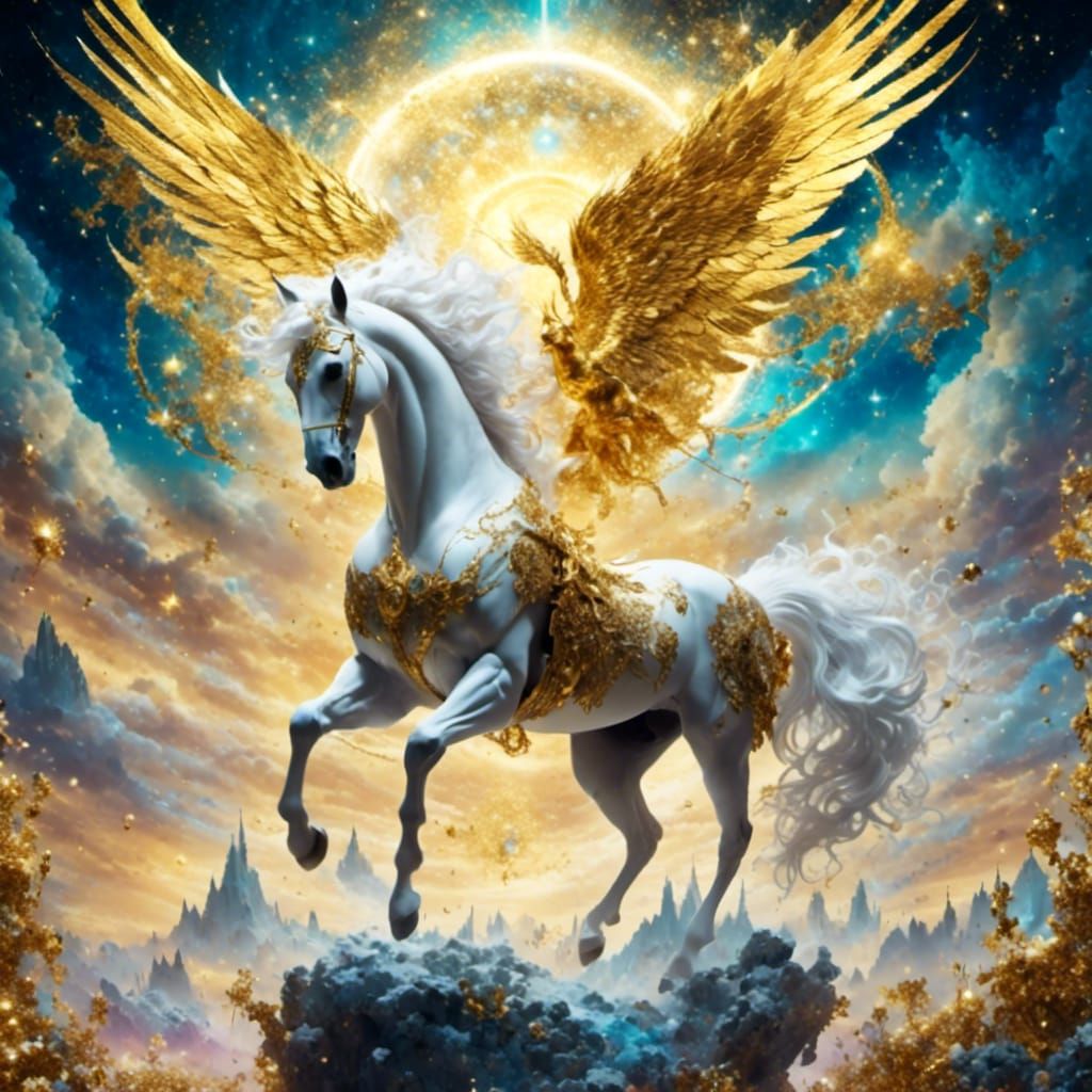 Surreal Flying Horse in Gothic Fantasy Sky