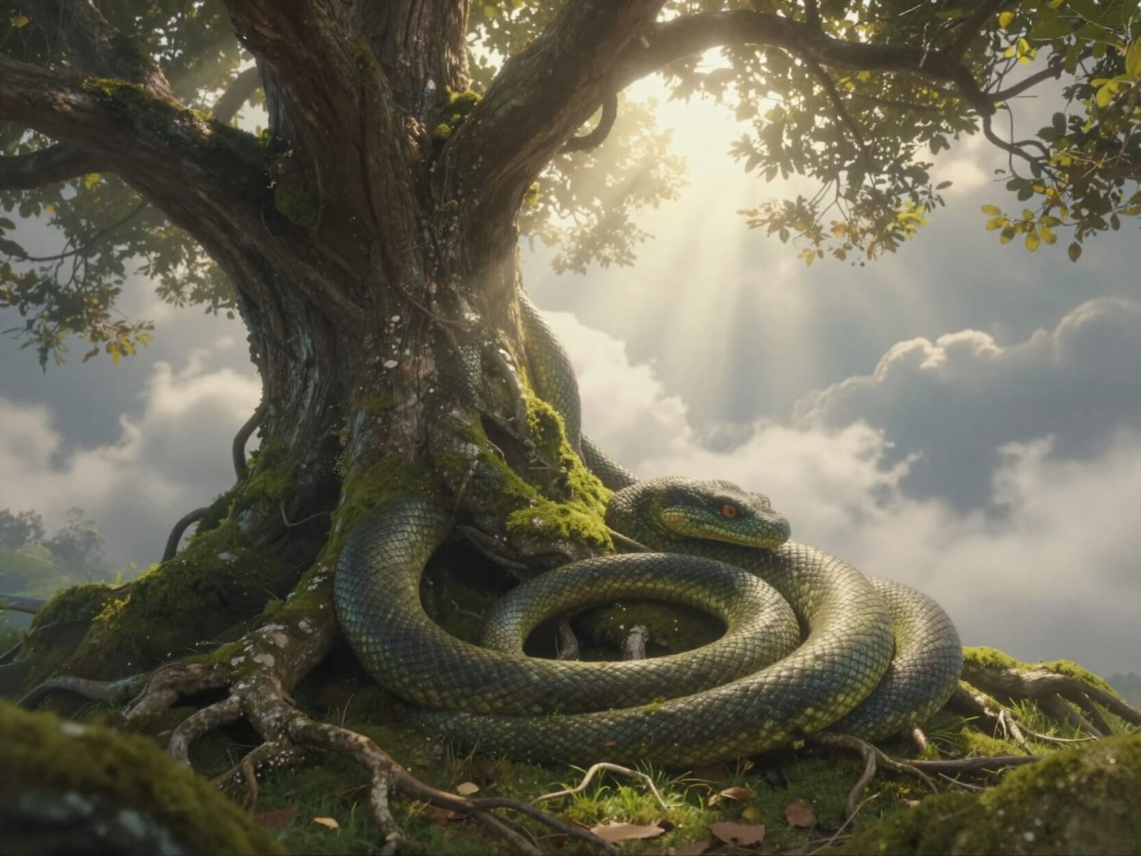 Python Coiled in Ancient Tree Roots with Divine Sunlight