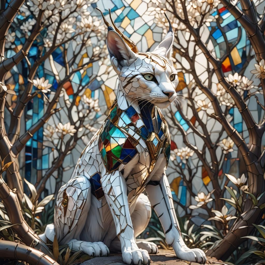 Biomechanical Caracal with Stained Glass Crown: Sci-Fi Art