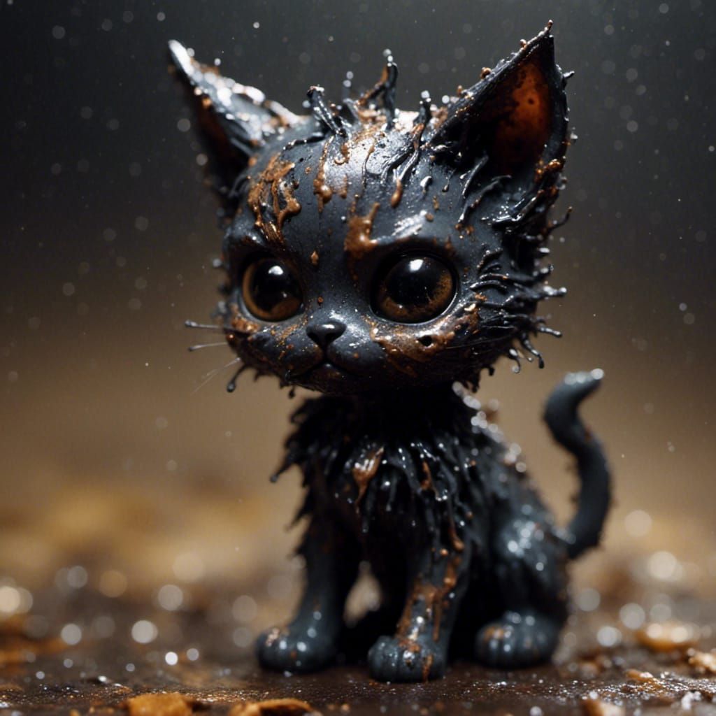 Decaying Cute Chibi Kitten Melts into Darkness