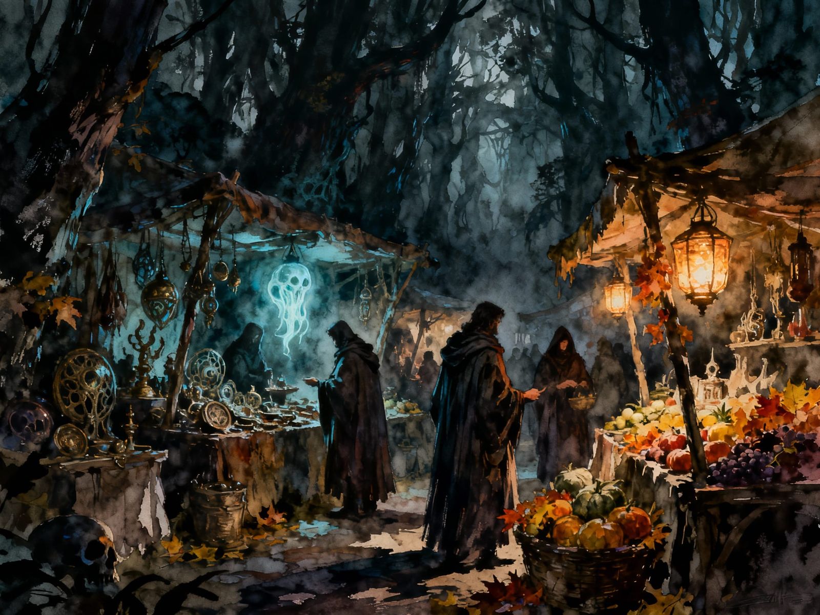Dark Fantasy Forest Market with Spectral Lanterns