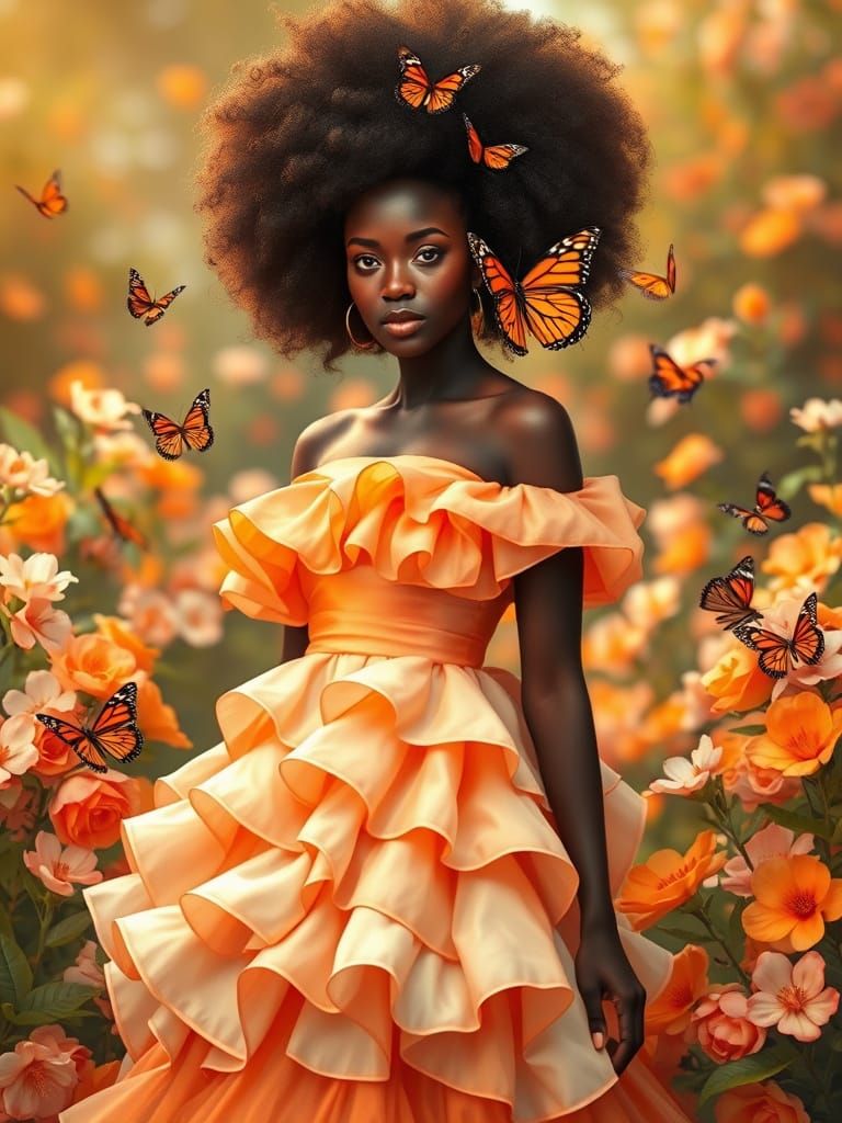 African-American Woman in Blooming Garden with Butterflies