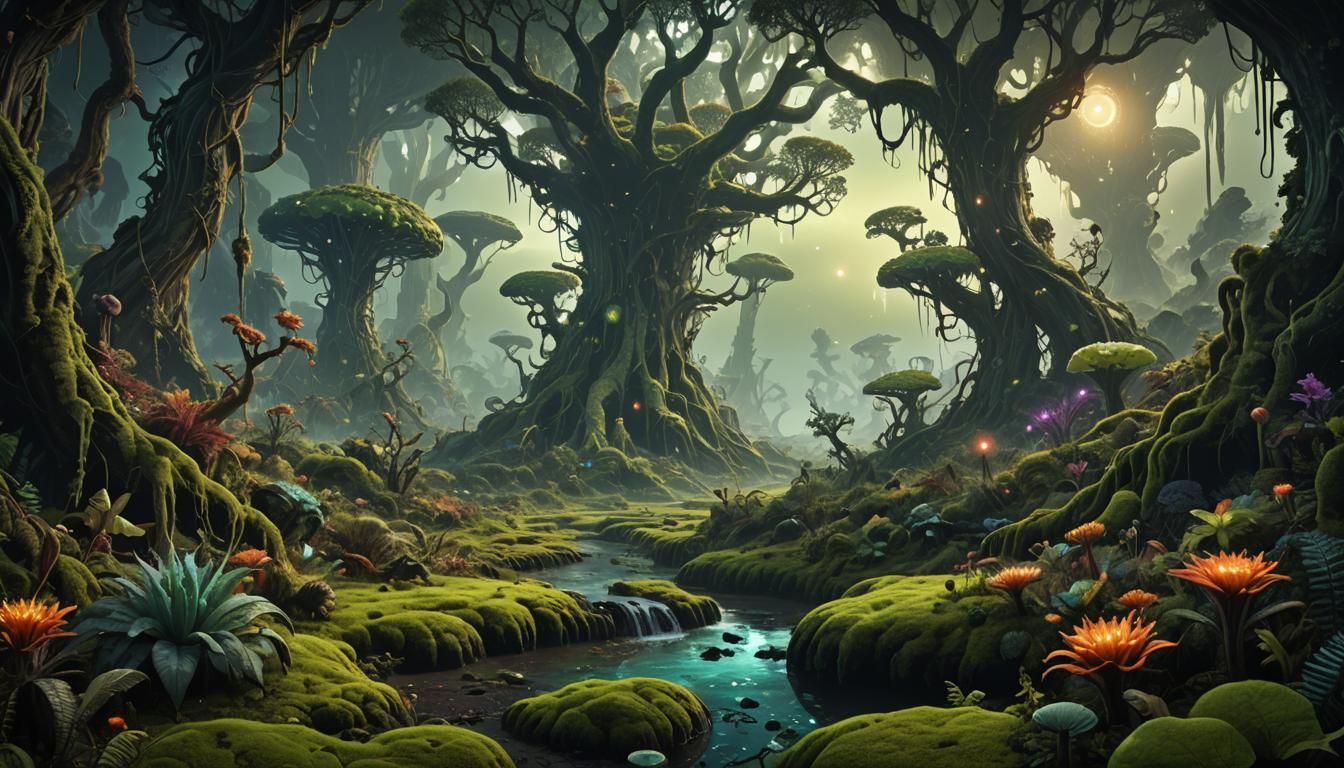 Exoplanet Dark Fantasy Landscape with Green Sun