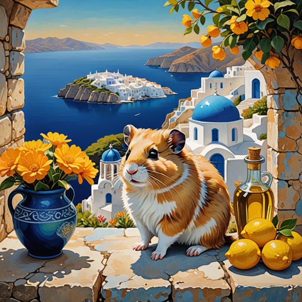 Greek Island Hamster in Folk Art Style
