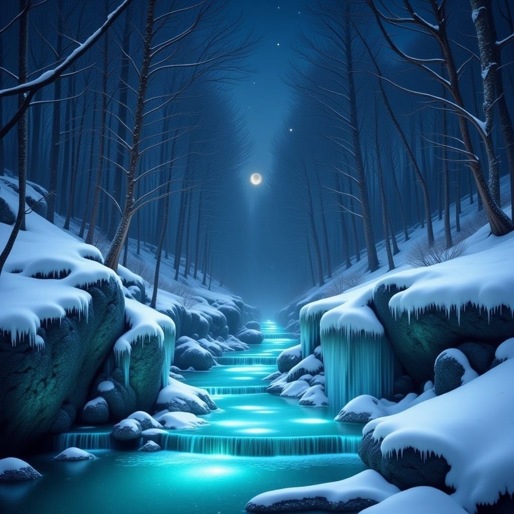 Winter Bioluminescent Creek in Ethereal Snowy Landscape