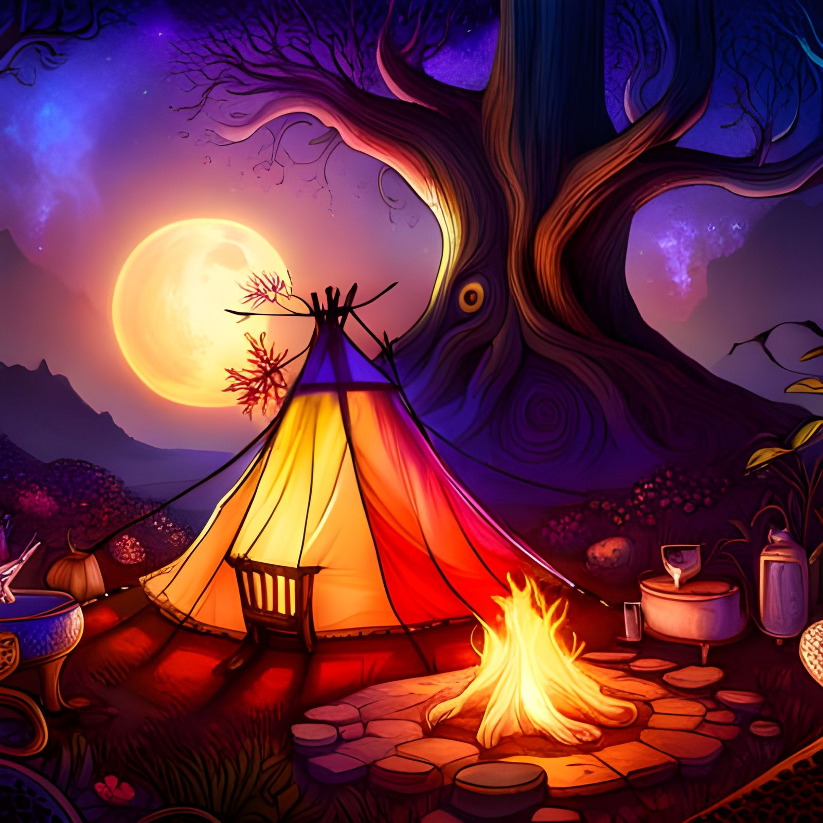 Enchanted Forest Scene with Fairy Tent and Campfire