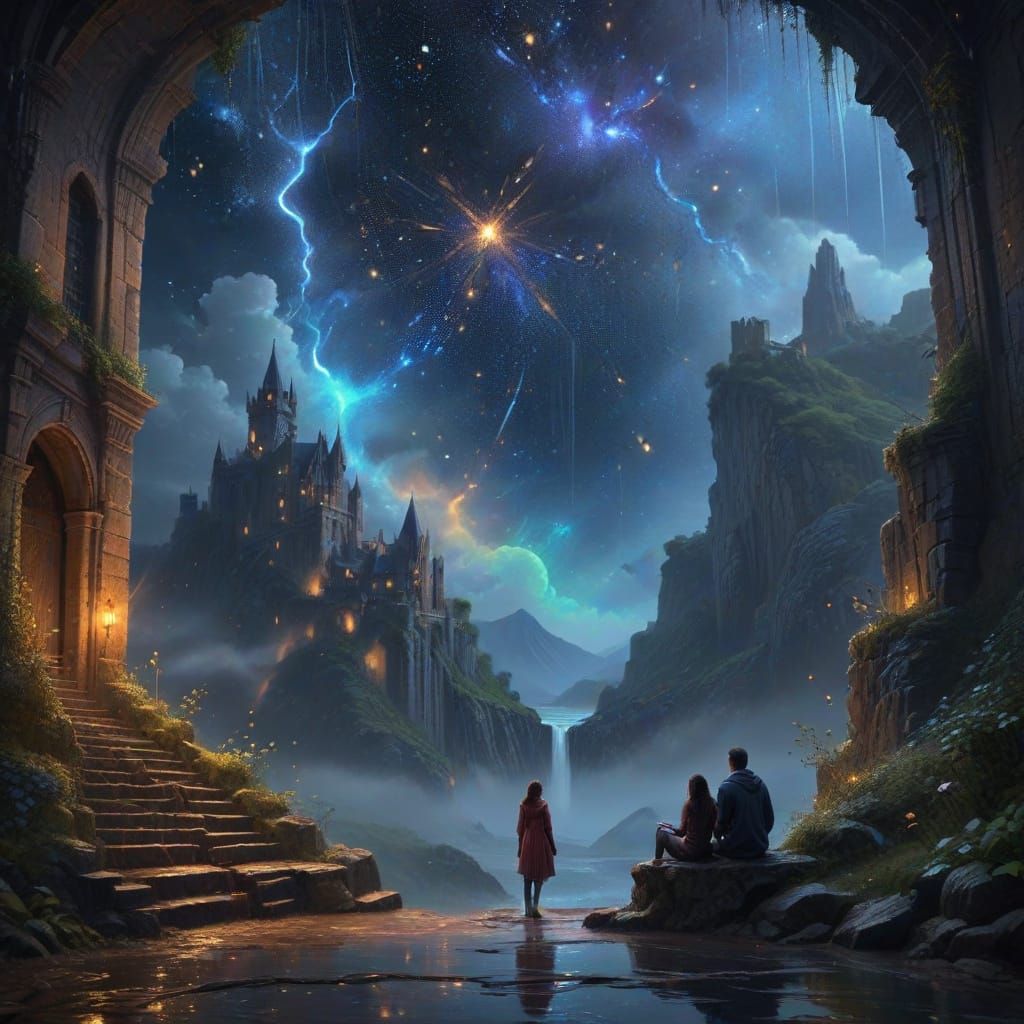 Romantic Couple Gazing at Shooting Stars on a Cliff