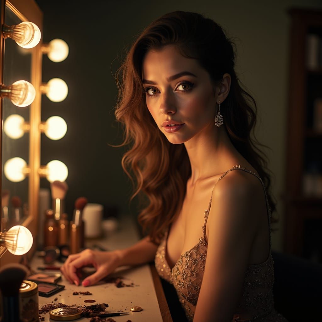 Glamorous Actress in Backstage Beauty Routine