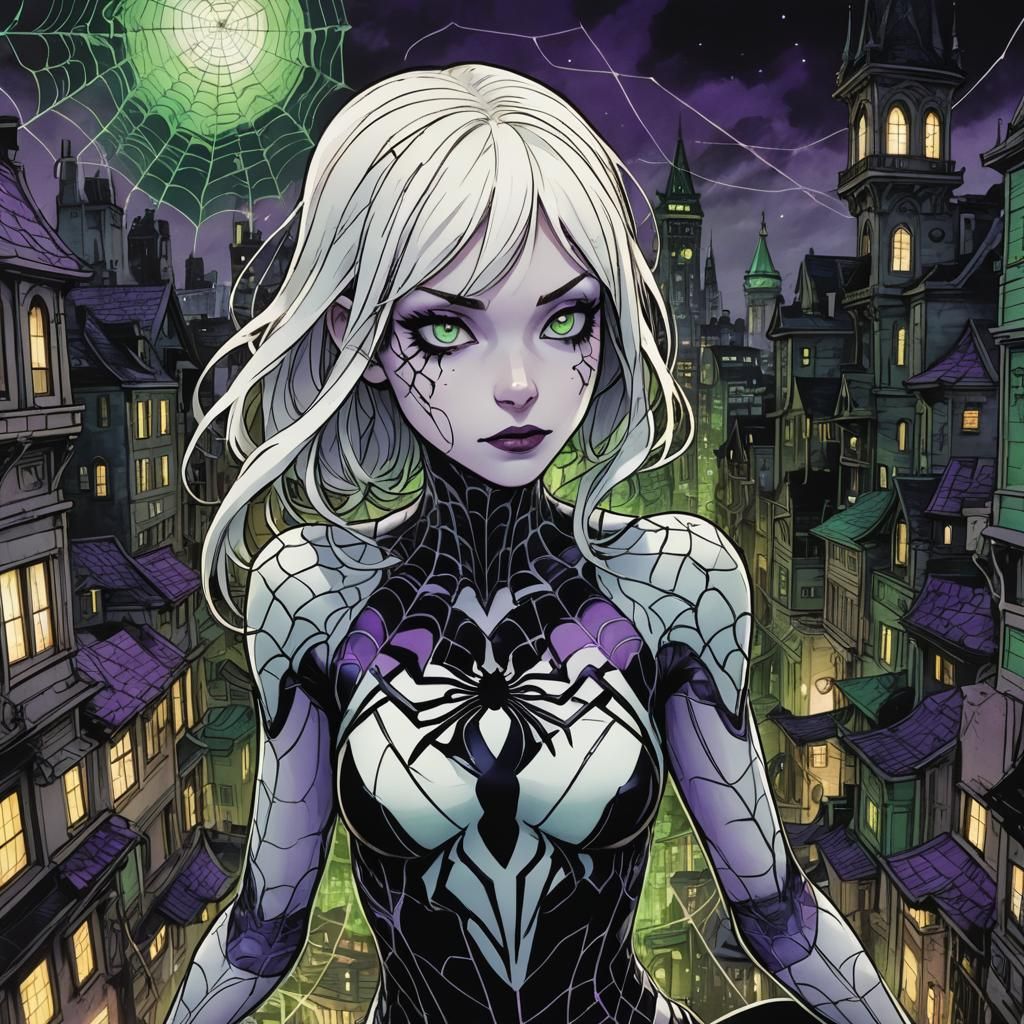 Spider-Gwen in Dark Fantasy Anime Cityscape