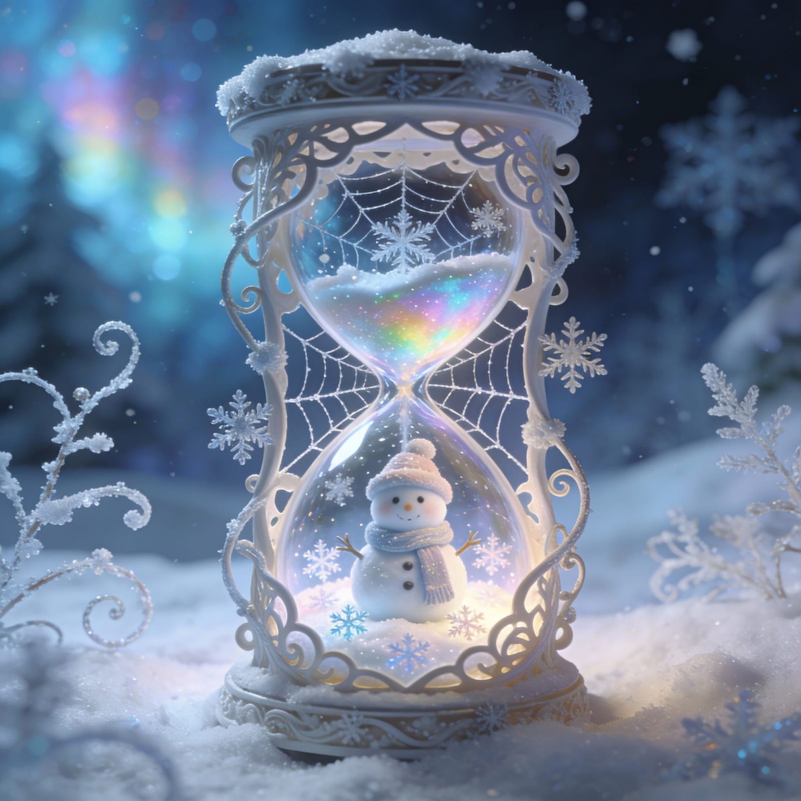Magical Christmas Hourglass Sculpture in Snowy Landscape