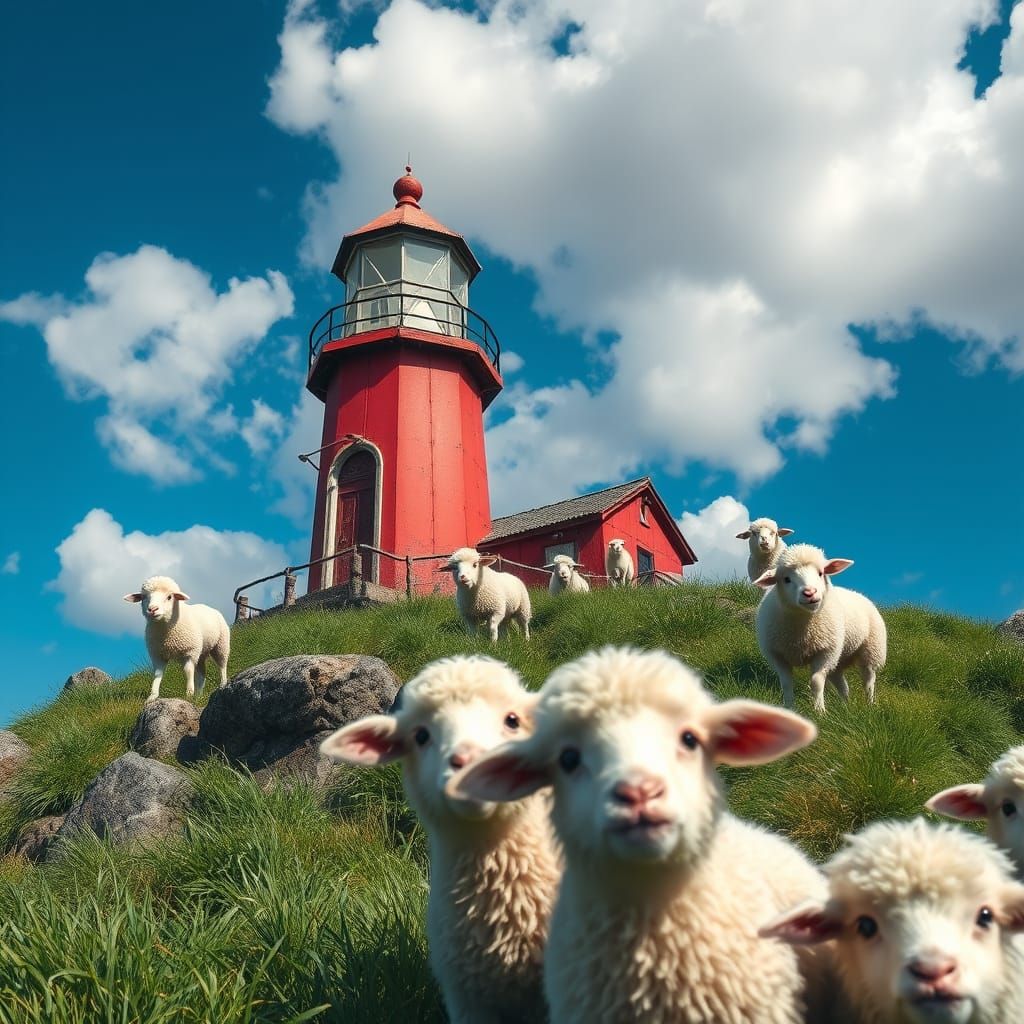 Lighthouse with Sheep in Photorealistic Style