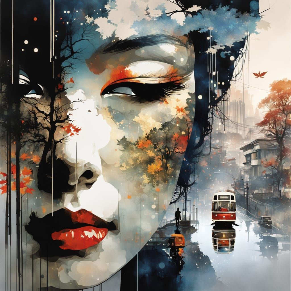 Galactic Autumn Silhouette in Maximalist Double Exposure