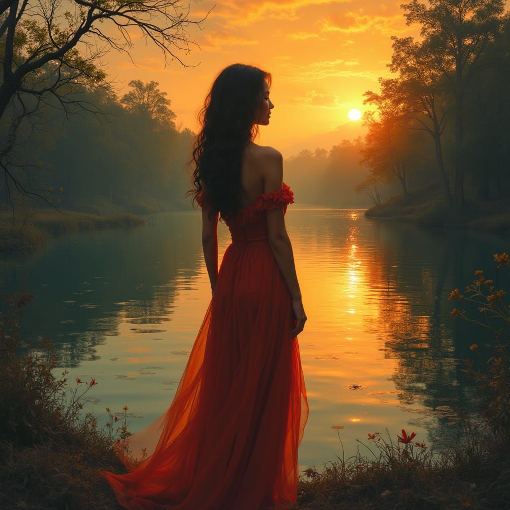 Elegant Woman at Sunset Lake: Vibrant Digital Art