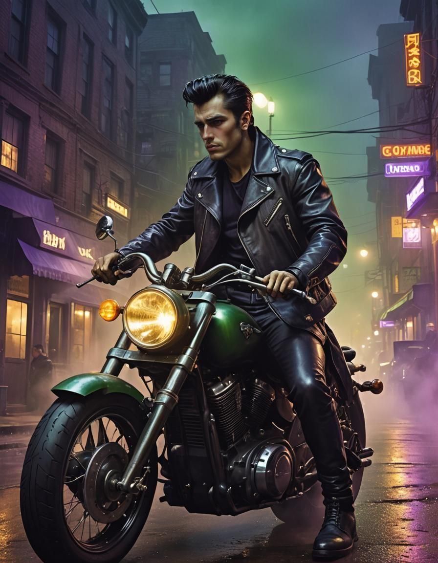 Fantasy Biker Greaser in City Street Scene