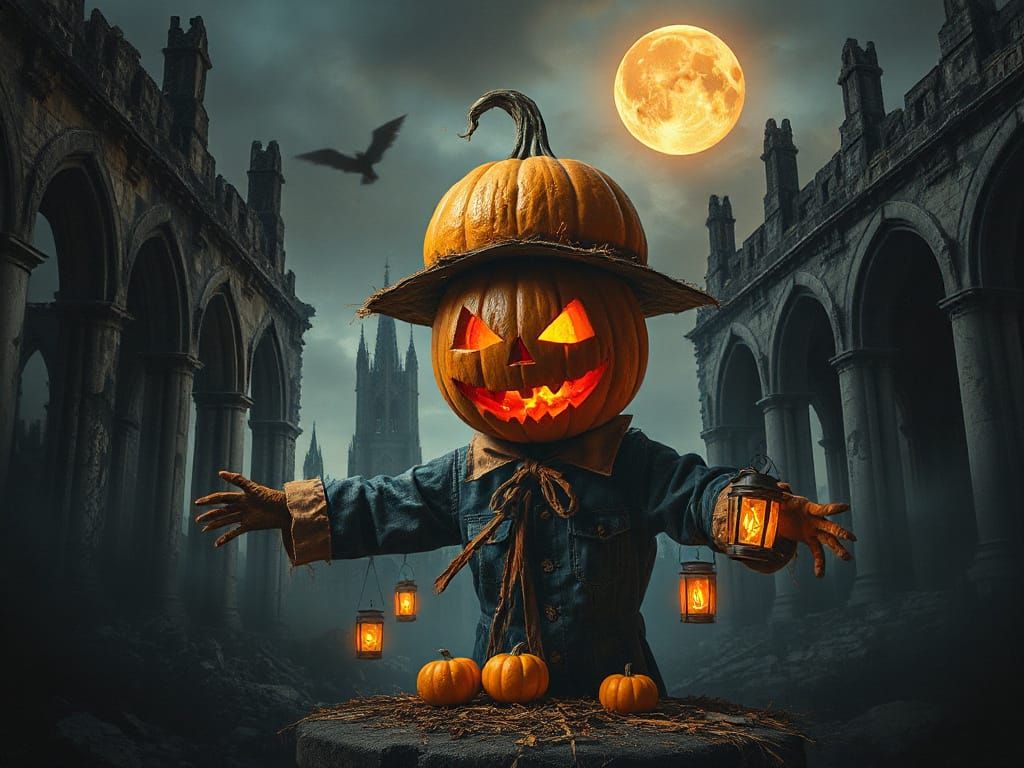 Gothic Scarecrow Phantom in Moonlit Cathedral Ruins