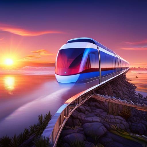 Monorail Glides into Crystal Sunset: Detailed Matte Painting