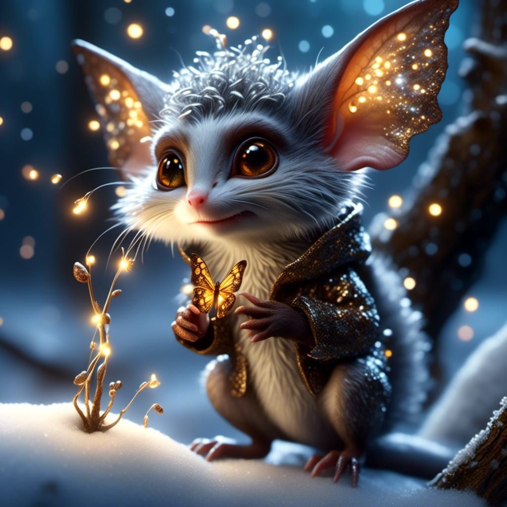 Cute Silver Gremlin in Winter Forest, Fantasy Art